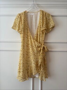 Yellow Floral Wrap Mini Dress with Tie Waist